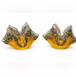 Murano Style Confetti Art Glass Bowls Amber Gold Ribbed Base Multicolor Pair